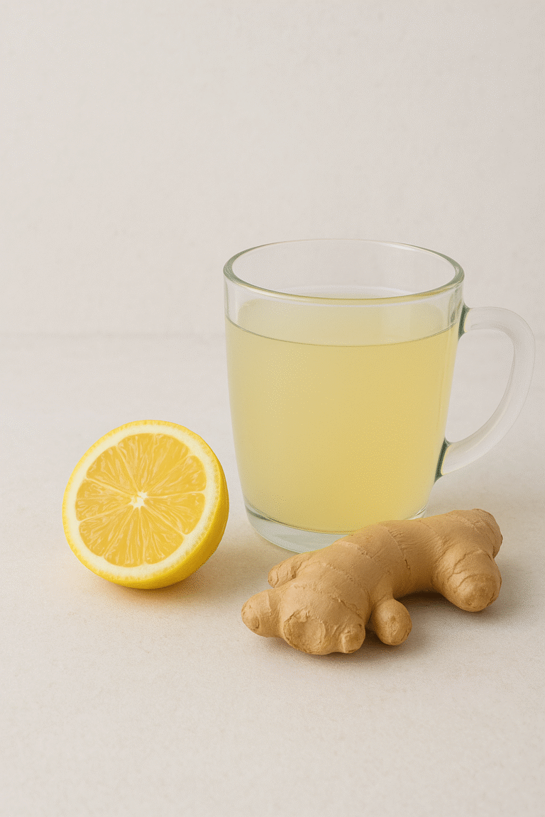 a lemon and ginger with a glass of liquid