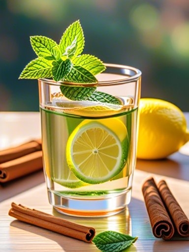 a glass of water with lemon and mint leaves