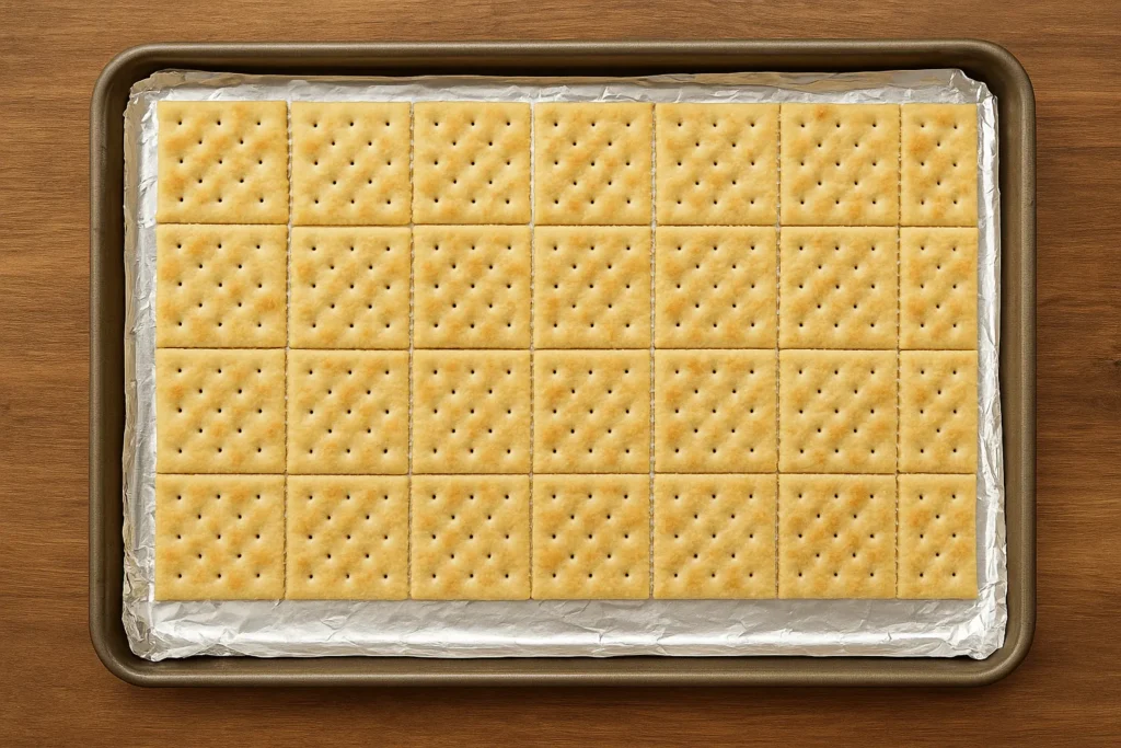Christaltine crackers neatly arranged in a single layer on a foil-lined baking tray, ready for Christmas Crack recipemas Crack
s