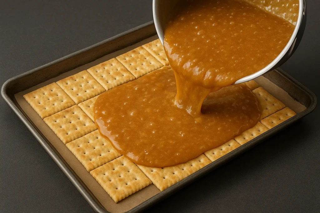 Christmas Crack 
hot toffee being poured evenly over a layer of saltine crackers on a baking tray for Christmas Crack.
