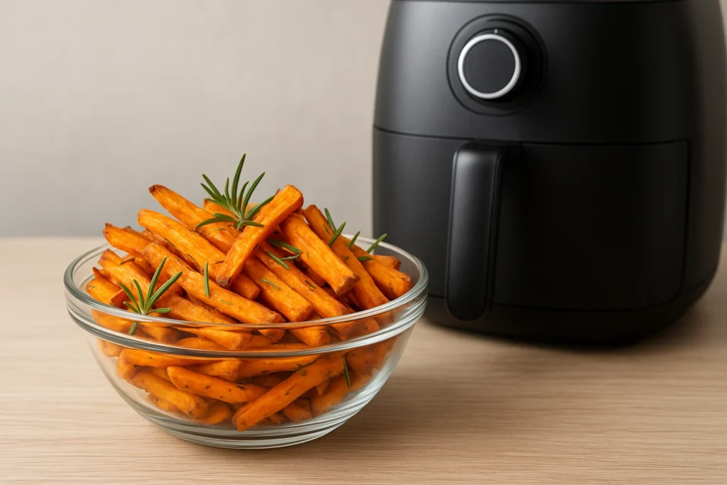 „Airfryer Rezepte vegetarisch: Süßkartoffelpommes mit Rosmarin knusprig zubereitet“