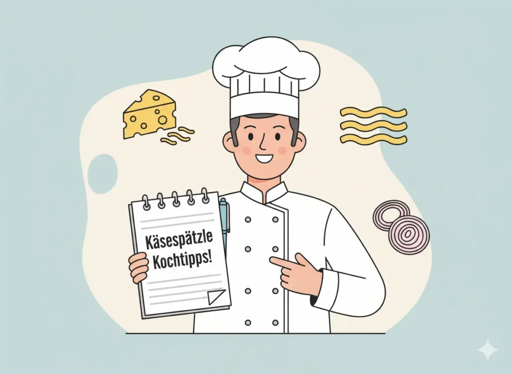 „Symbolisches Bild: Koch mit Notizblock beantwortet Fragen über Käsespätzle-Zubereitung.“