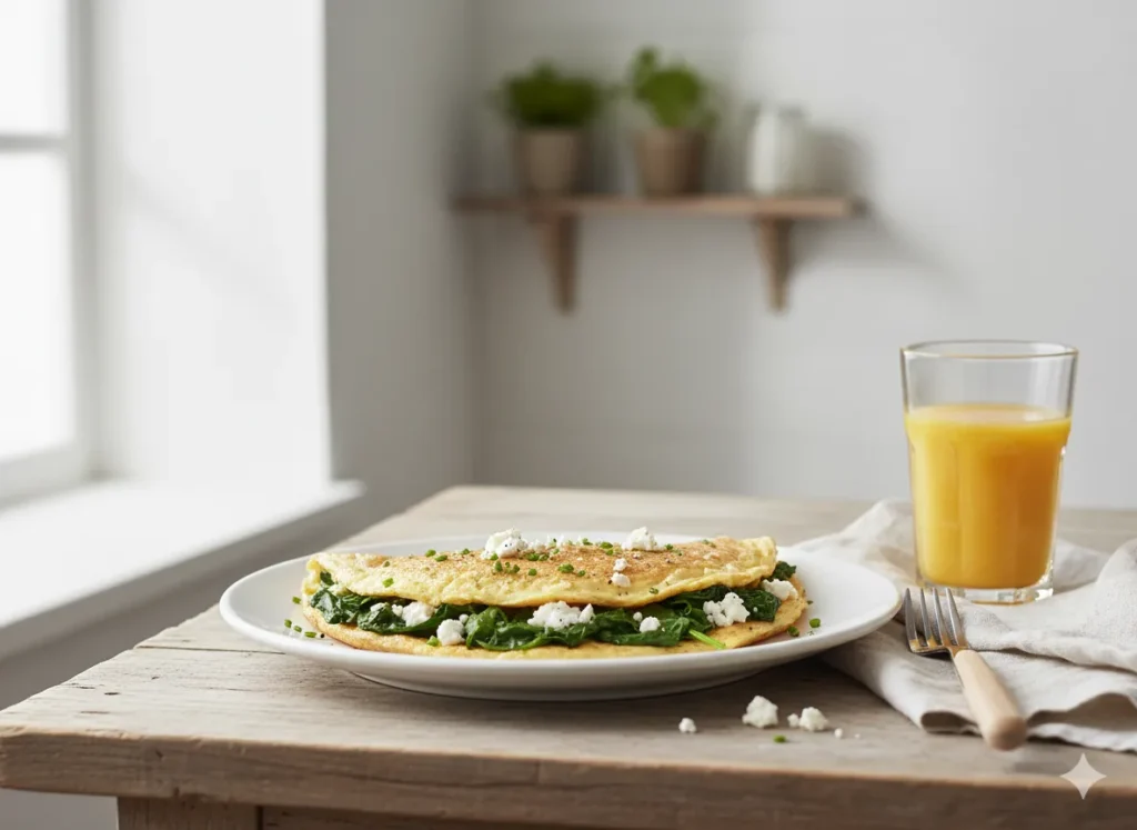 High protein omelette with spinach and feta served on a white plate
High Protein Meal Plan