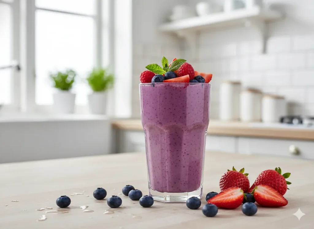 Greek yogurt berry protein smoothie in a glass with fresh berries around
