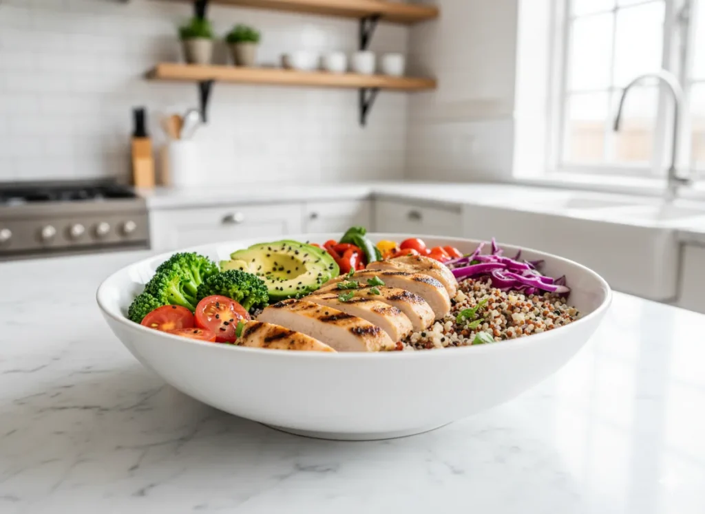 Grilled chicken quinoa bowl with vegetables and avocado
High Protein Meal Plan