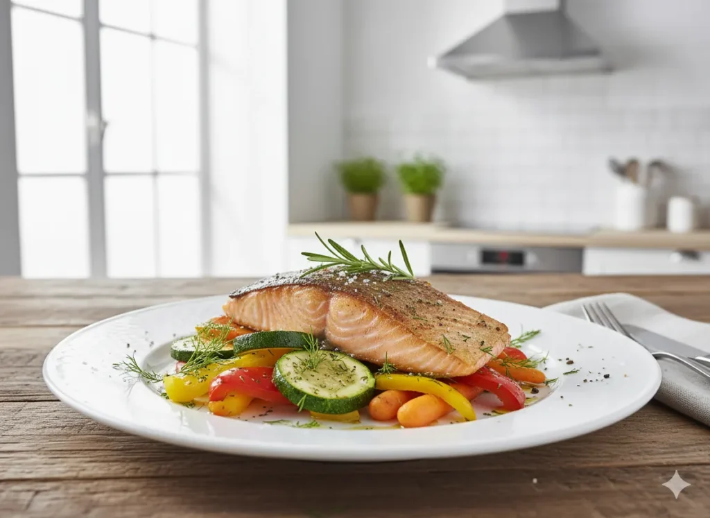 Oven-baked salmon with roasted vegetables and herbs on a white plate
High Protein Meal Plan
