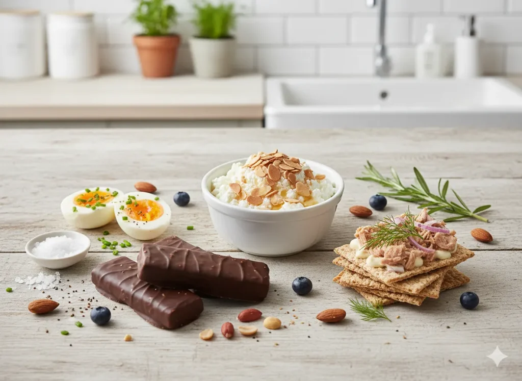 Assortment of high protein snacks like boiled eggs, cottage cheese, tuna, and almonds
High Protein Meal Plan