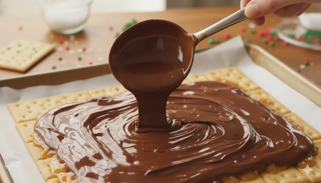 Melted chocolate being spread evenly over the caramel toffee layer of Christmas Crack.