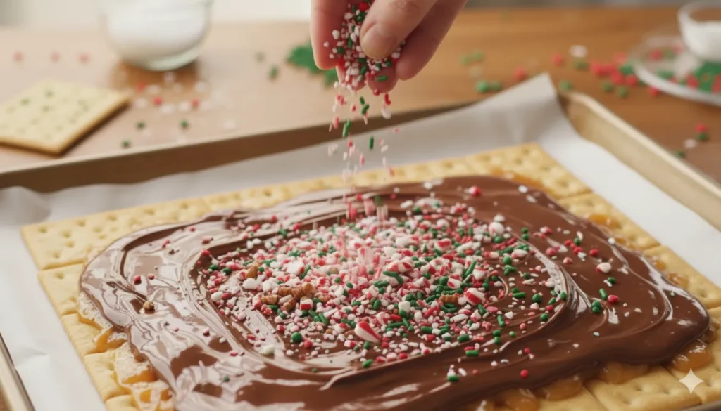 
Crushed candy canes, chopped pecans, and colorful sprinkles being added on top of melted chocolate for Christmas Crack