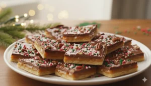 Christmas Crack ingredients for Christmas Crack neatly arranged on a wooden table, including saltine crackers, butter, brown sugar, chocolate chips, and toppings like nuts and candy