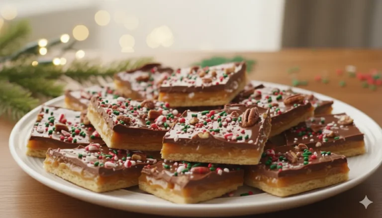 Christmas Crack ingredients for Christmas Crack neatly arranged on a wooden table, including saltine crackers, butter, brown sugar, chocolate chips, and toppings like nuts and candy