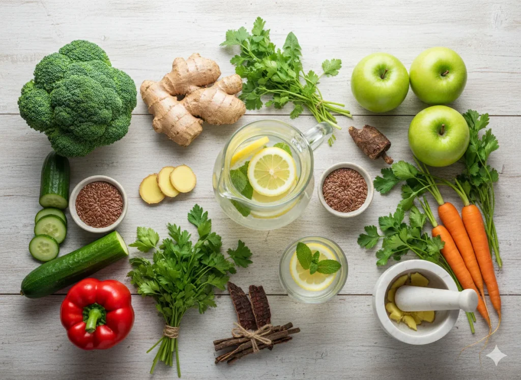 Darmreinigung und Gewichtsverlust
Natürliche Zutaten für Darmreinigung: Kräuter, Zitronenwasser, Ingwer, Leinsamen und frisches Gemüse