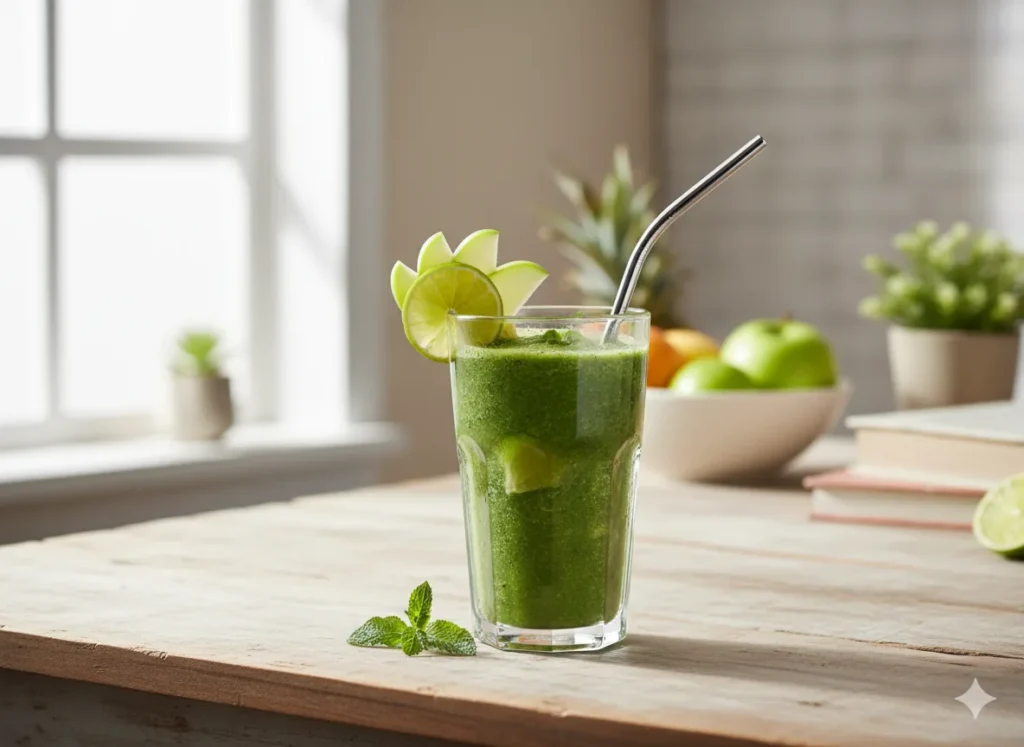 6Detox Smoothies 
Grüner Spinat-Apfel Detox Smoothie im Glas – ein gesunder grüner Smoothie mit Spinat, Apfel und Ananas zur natürlichen Entgiftung.