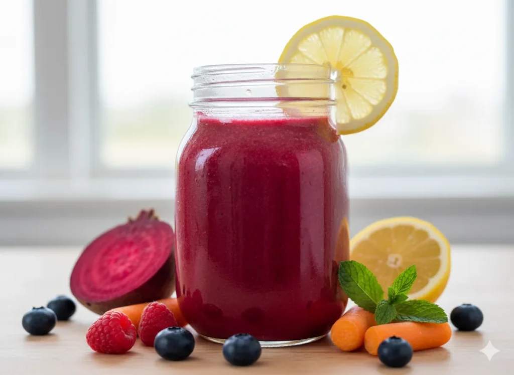 6Detox Smoothies 
Roter Detox Smoothie aus Beeren, Roter Beete und Karotten – reich an Antioxidantien und Vitaminen.