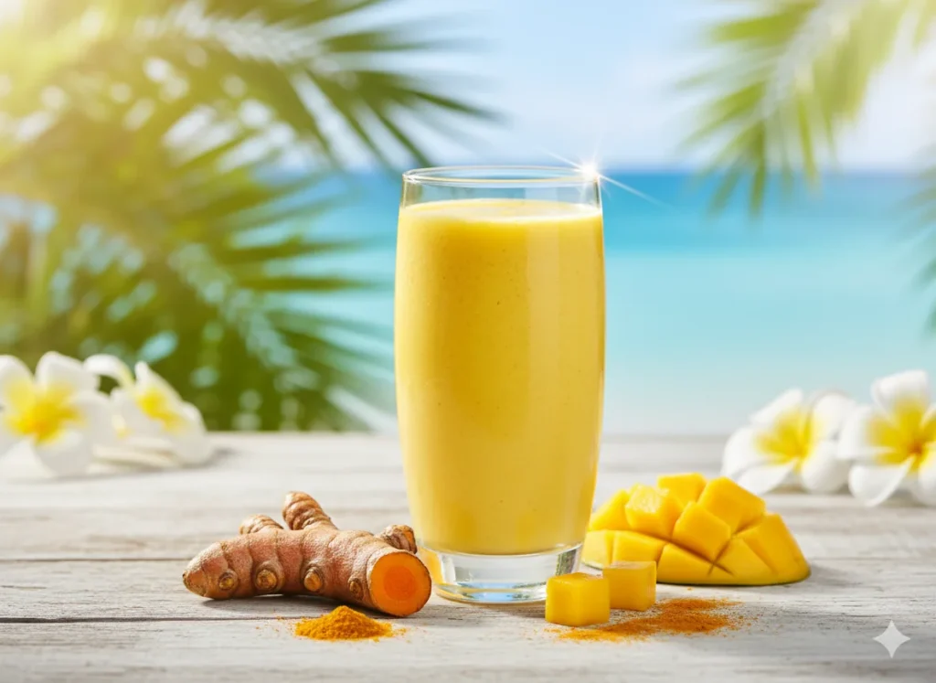 6Detox Smoothies 
Gelber Mango-Kurkuma Detox Smoothie mit Ananas und Kokoswasser – tropisch, erfrischend und entzündungshemmend.