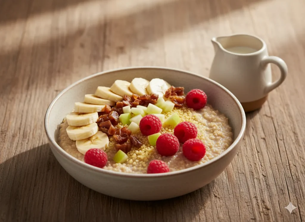 basische Frühstück Basisches Quinoa-Hirse-Frühstück mit Banane, Apfel, Datteln und Himbeeren in einer Schüssel auf Holztisch.