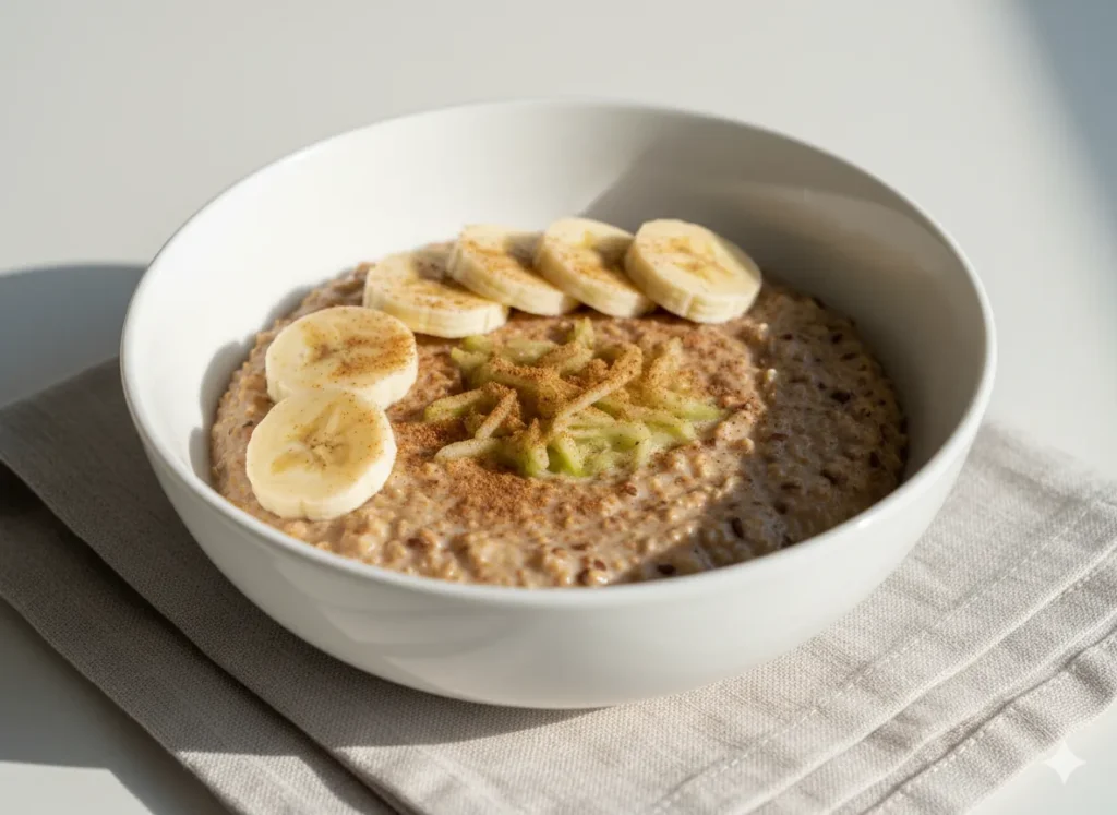basische Frühstück
Veganes basisches Erdmandel-Müsli mit Leinsamen, Apfel und Banane in weißer Schüssel, hell fotografiert.