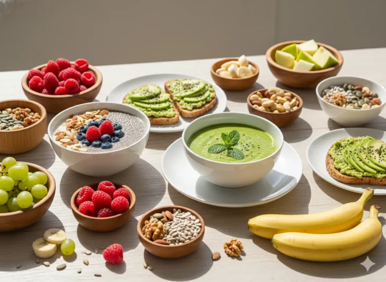 basische Frühstück Verschiedene basische Frühstücksoptionen mit Obst, Avocado-Toast, grünem Smoothie und Chia-Pudding auf hellem Tisch.