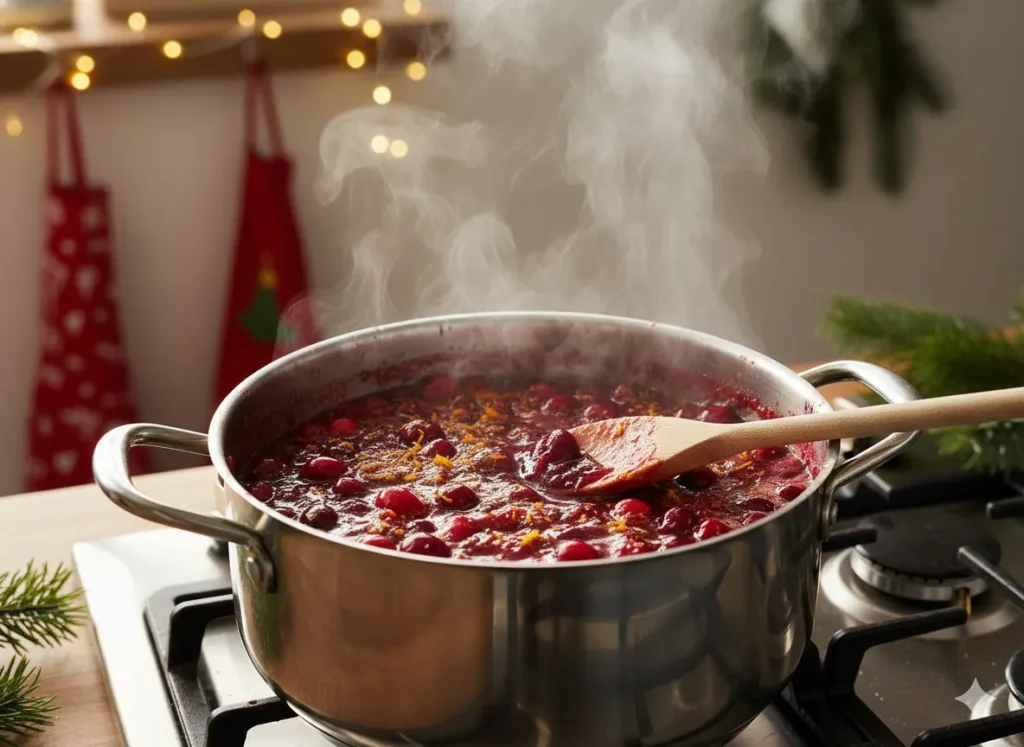 Christmas jam cooking on the stove with cranberries and orange zest simmering.
Christmas Jam Recipe