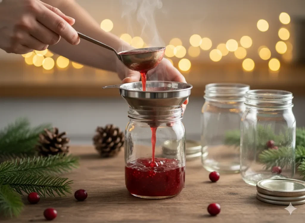 Pouring hot Christmas jam into glass jars on a festive rustic counter.
Christmas Jam Recipe
