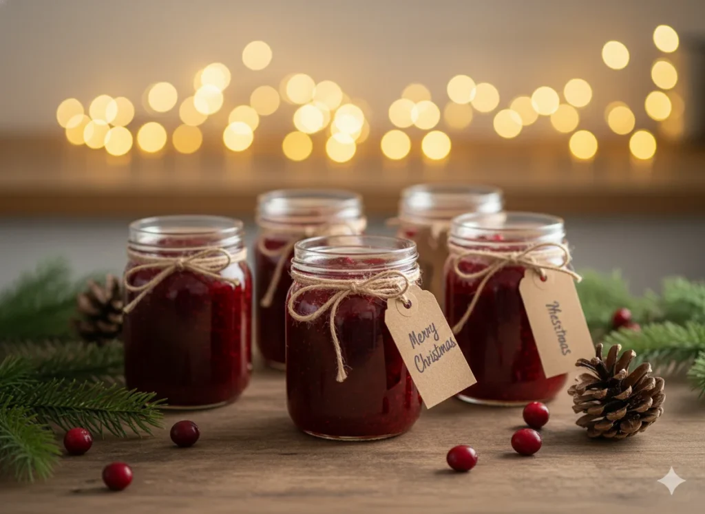 Decorated jars of Christmas jam with festive wrapping on a wooden table.