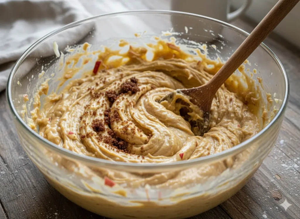 Mixing banana apple bread batter with grated apple and mashed banana in a glass bowl
