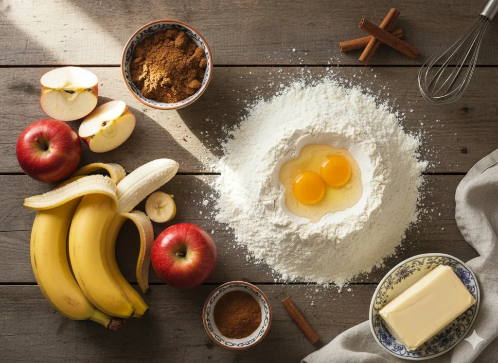 Ingredients for banana apple bread arranged on a wooden table