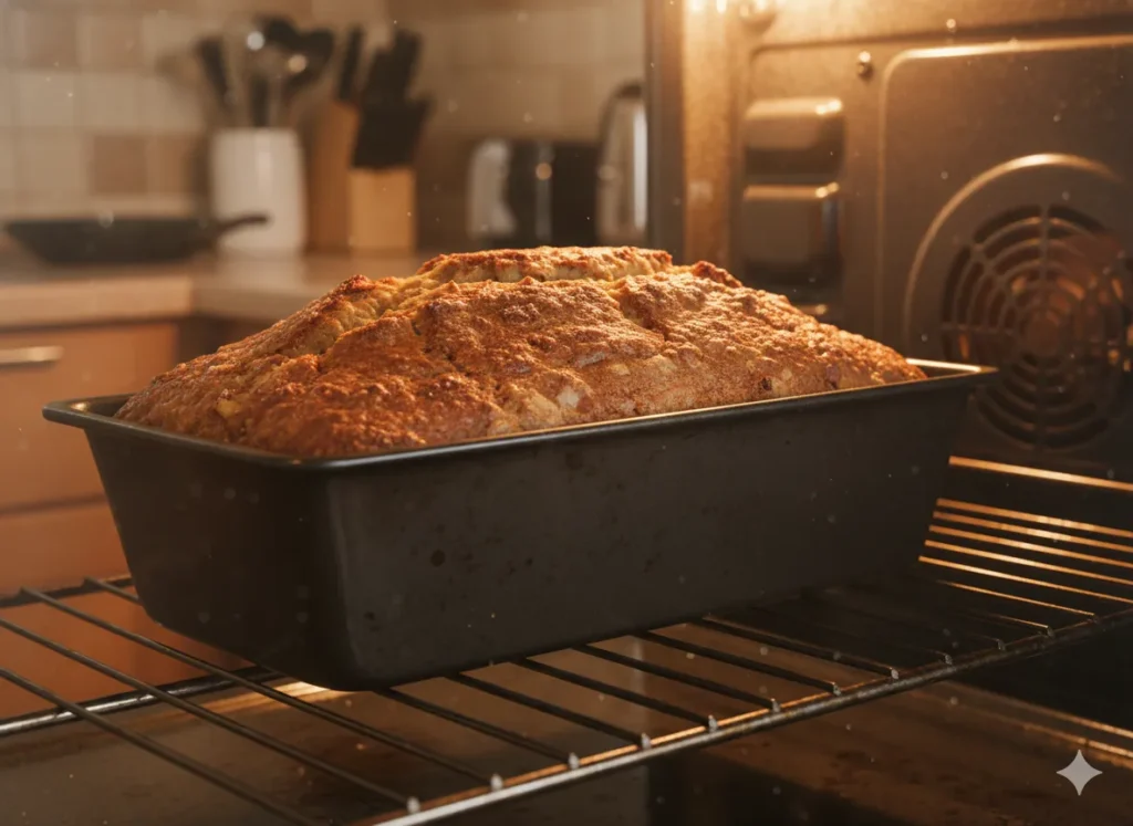 Banana apple bread loaf baking in the oven with golden crust forming