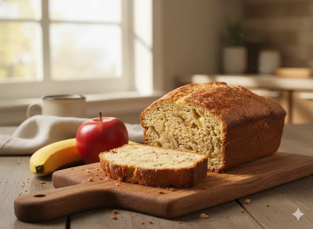 Freshly baked banana apple bread sliced on a wooden cutting board with apple and banana beside it