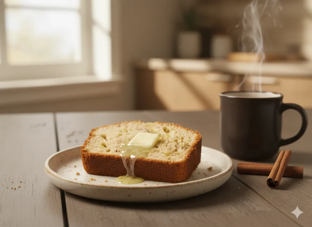 Slice of banana apple bread served on a plate with butter and coffee