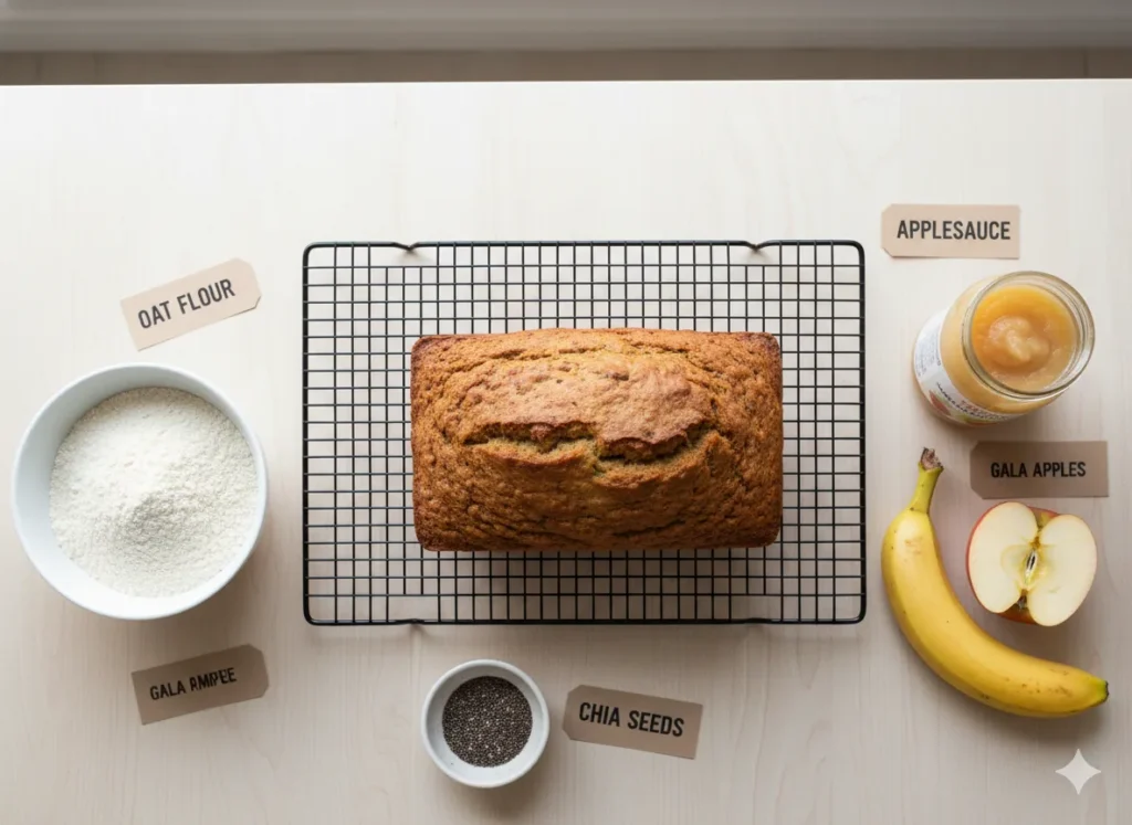 Healthy banana apple bread made with oat flour and applesauce on a cooling rack