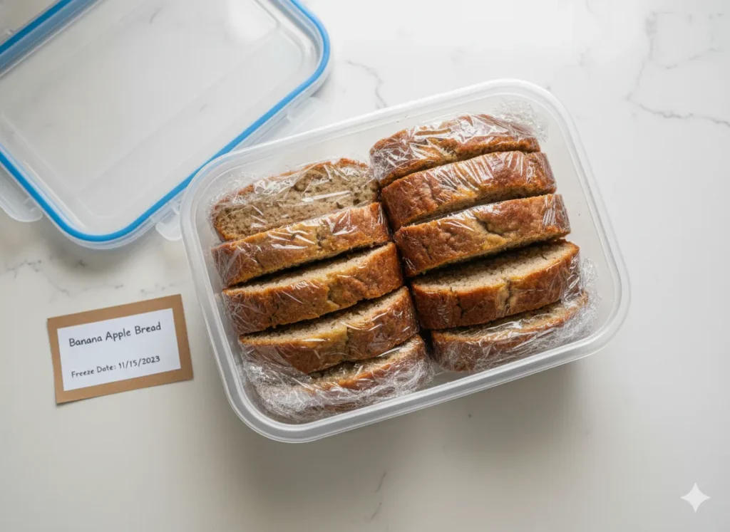 Banana apple bread slices wrapped for freezing in the kitchen