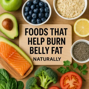 "Healthy fat-burning foods including salmon, avocado, berries, oats, spinach, garlic, and lentils arranged on a light background" Belly Fat
