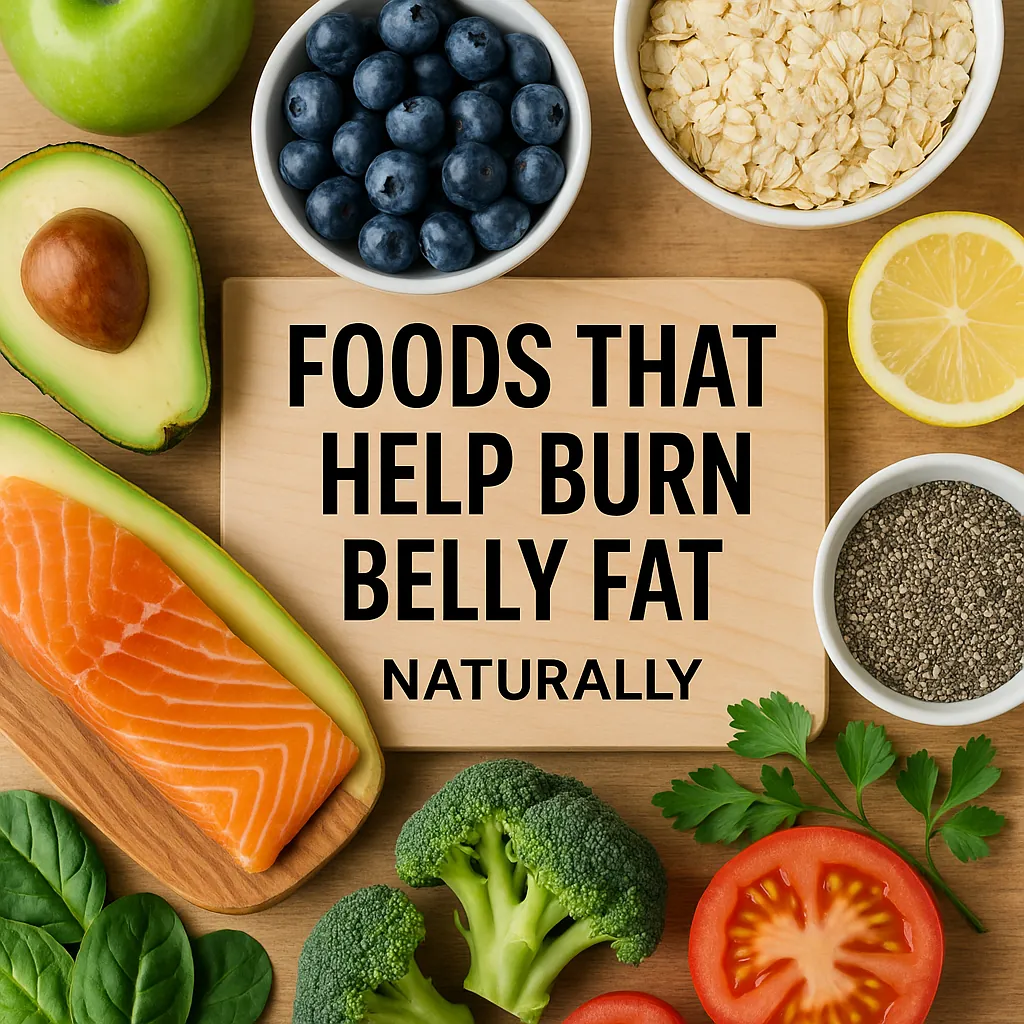 "Healthy fat-burning foods including salmon, avocado, berries, oats, spinach, garlic, and lentils arranged on a light background"
Belly Fat