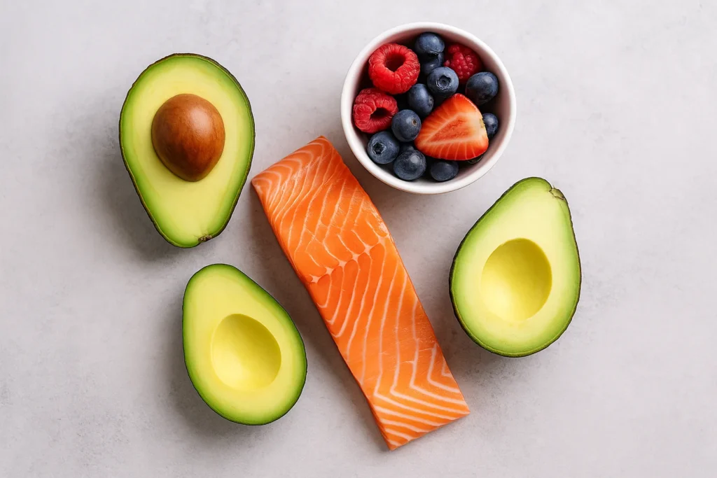 Belly Fat
"Avocado halves, fresh
salmon fillet, and mixed berries arranged on a light background as natural belly-fat-burning foods"