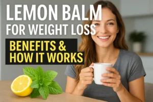 Lemon balm leaves, tea cup, and fresh lemons arranged beautifully as a natural remedy for weight loss