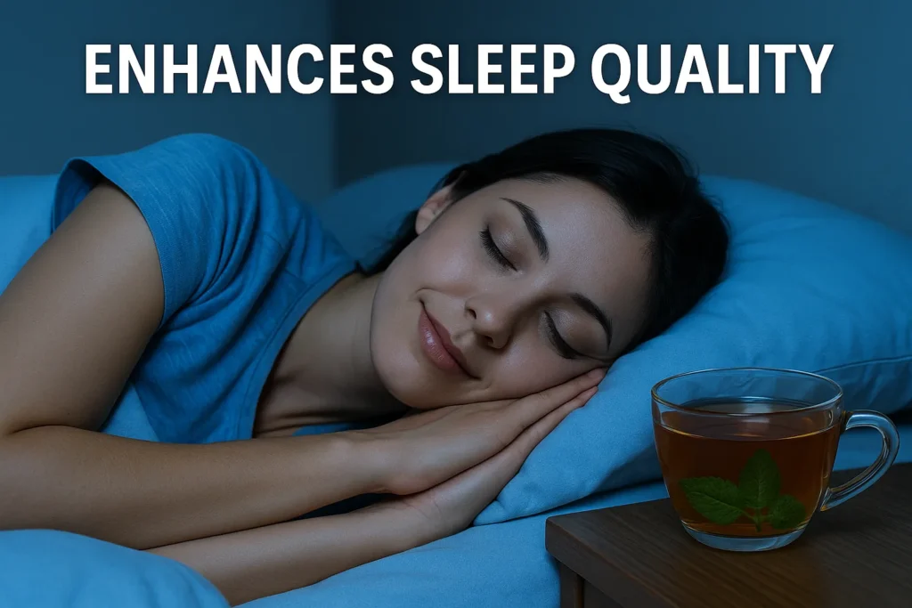Woman sleeping peacefully with herbal tea beside her symbolizing better sleep for weight loss