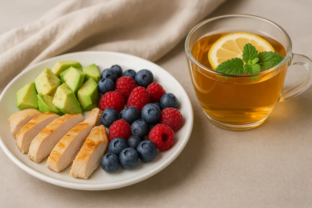  lemon balm for weight loss
Healthy meal and cup 
 of lemon balm tea that helps control appetite and cravings