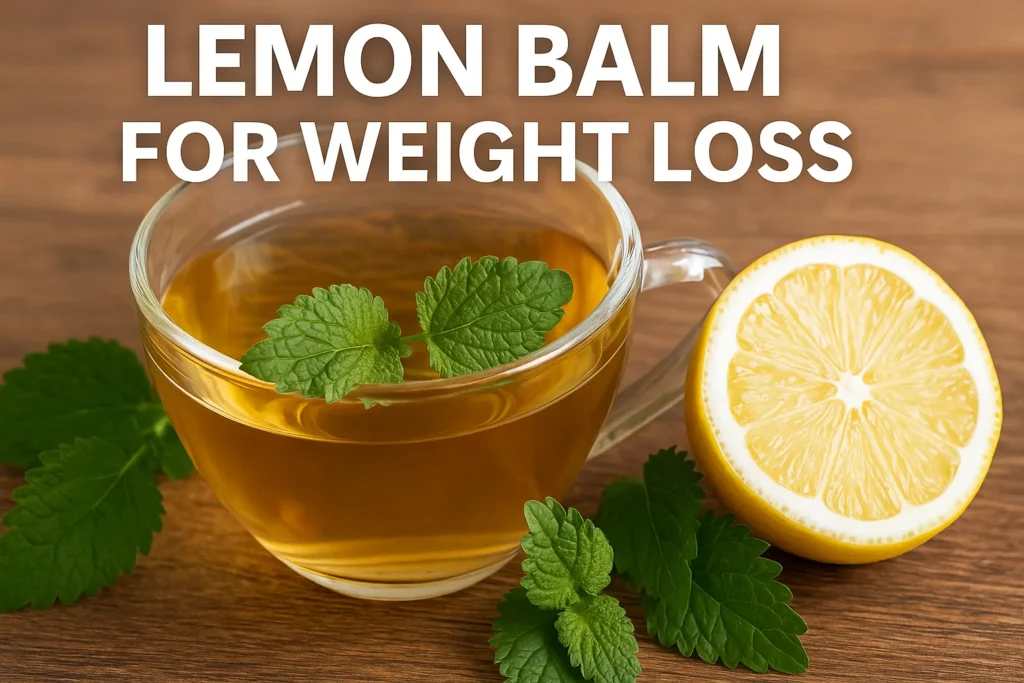 Lemon balm tea being prepared with dried leaves, hot water, and lemon slices