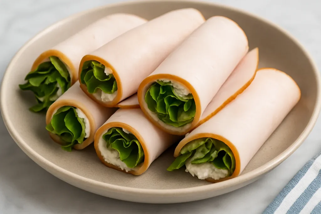 Turkey roll-ups with lettuce as a high-protein healthy pregnancy snack