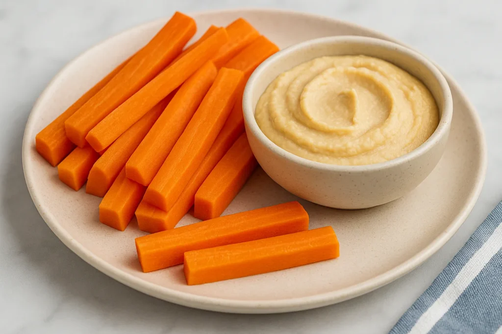 Carrot sticks served with creamy hummus as a healthy high-fiber pregnancy snack