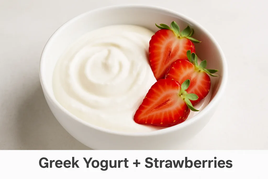 Bowl of Greek yogurt topped with fresh sliced strawberries as a healthy pregnancy snack