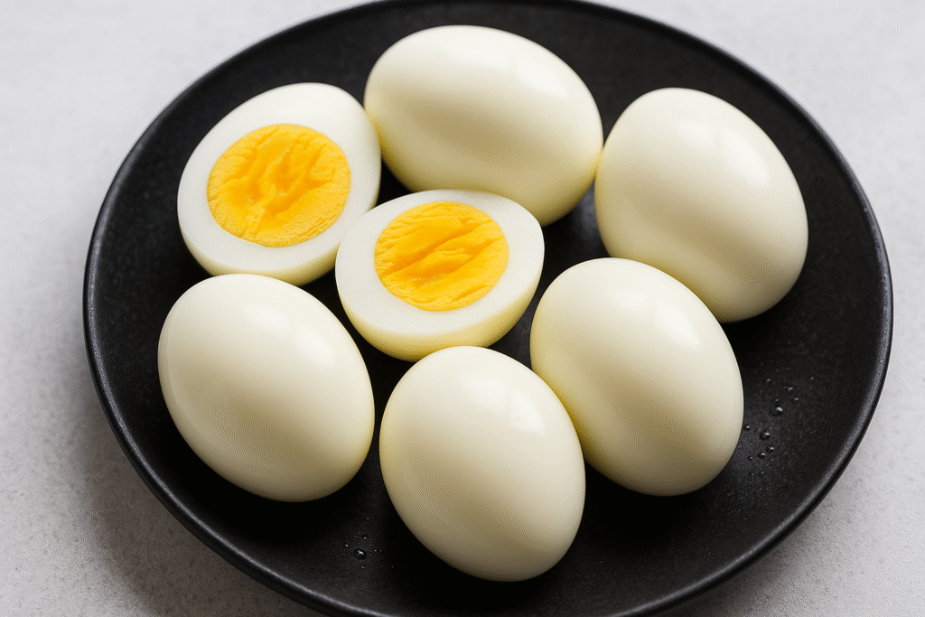 Boiled eggs served on a black plate as a high-protein healthy pregnancy snack