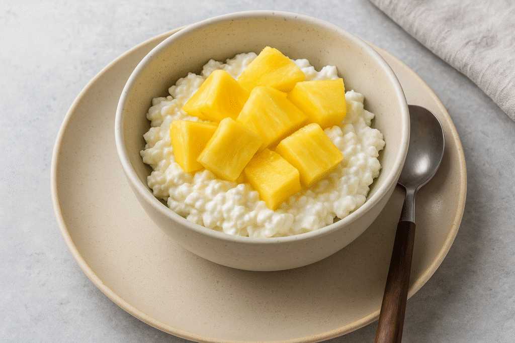 Cottage cheese topped with fresh pineapple chunks as a healthy pregnancy snack