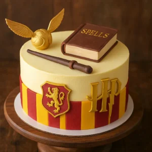 "Realistic Harry Potter birthday cake decorated with a golden snitch, magic wand and spell book on a wooden table" Harry Potter Birthday Cake