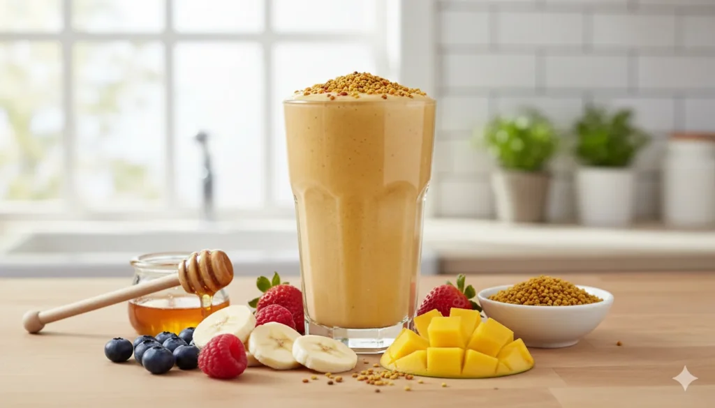 Bee pollen smoothie in a glass topped with bee pollen and surrounded by fresh fruits