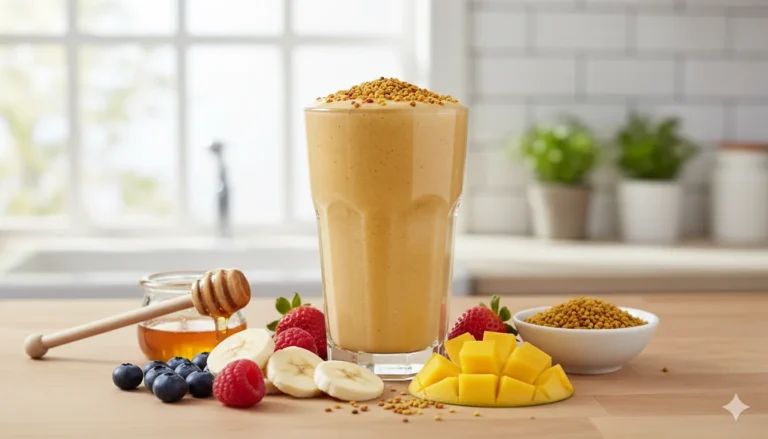 Bee pollen smoothie in a glass topped with bee pollen and surrounded by fresh fruits