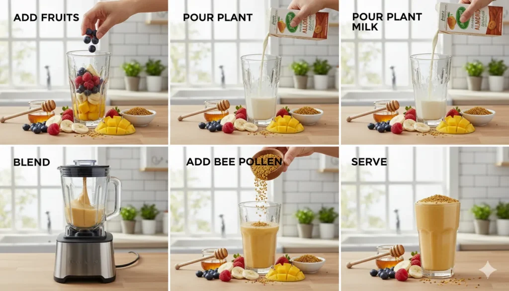 Step-by-step images showing how to prepare a bee pollen smoothie.