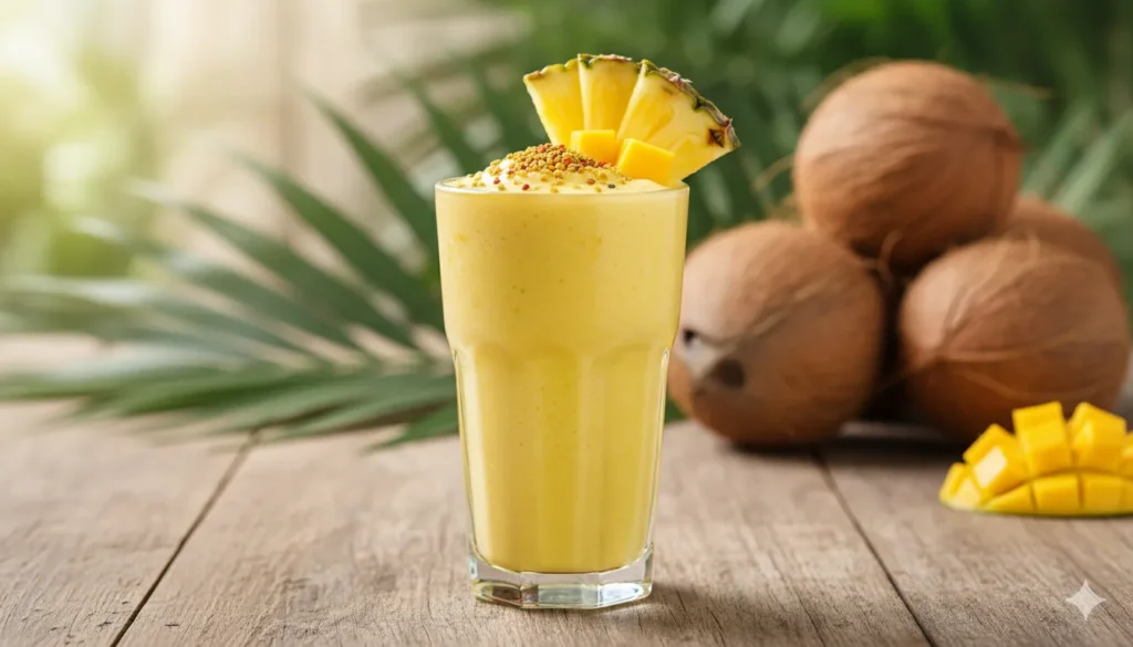 Tropical bee pollen smoothie with mango, pineapple, and bee pollen