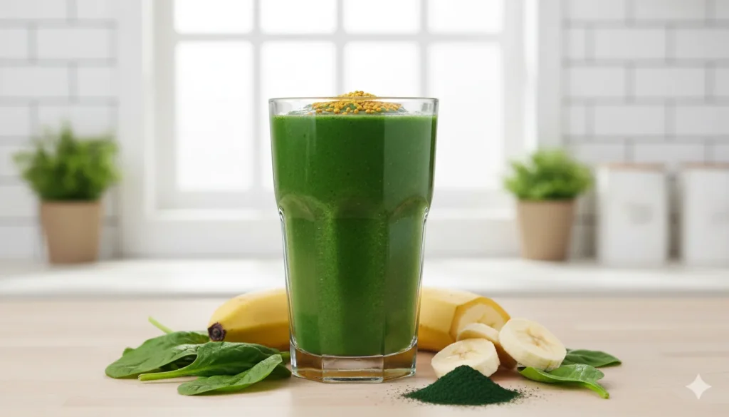 Green superfood smoothie with bee pollen, spinach, and spirulina